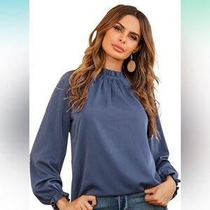 Women's Frill Mock Neck Flounce Long Sleeve Solid Blouse Office Shirt Top